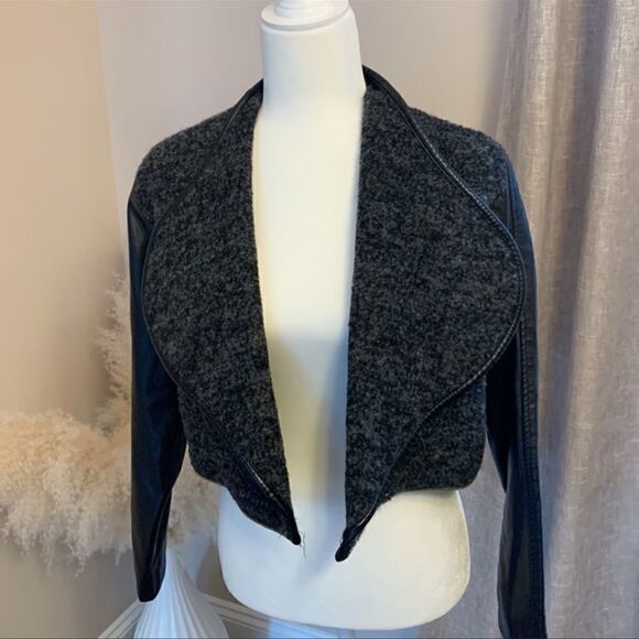 Luii Faux Leather Jacket Zipper Convertible Coat Black and Grey Boucle Size XL - Picture 3 of 16